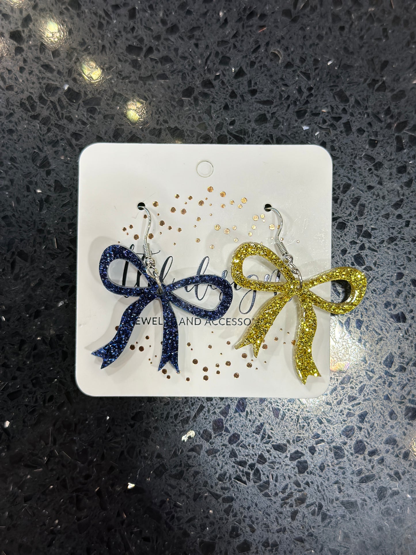 Bow Dangle Earrings navy and gold glitter