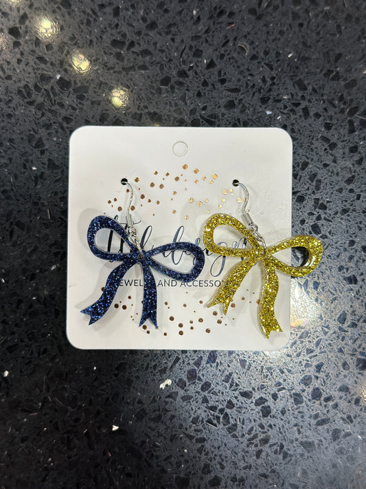 Bow Dangle Earrings navy and gold glitter