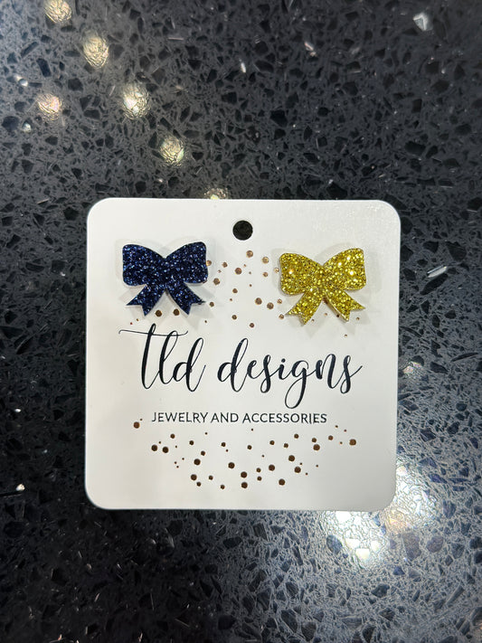 Navy and Gold Glitter Bow Stud Earrings