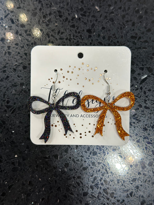 Bow Dangle Earrings black glitter and orange glitter