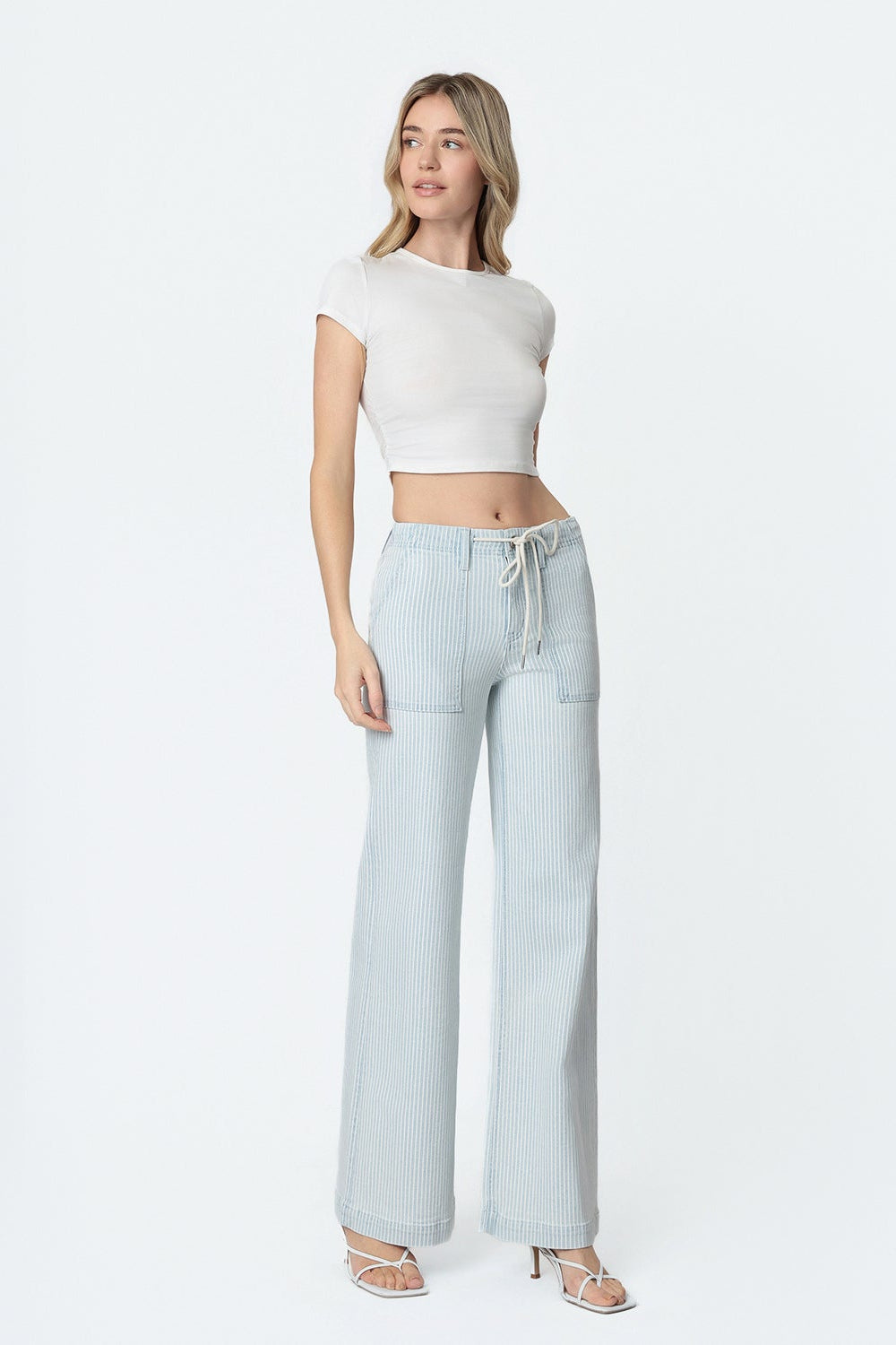 High Rise Stripe Drawstring Wide Leg