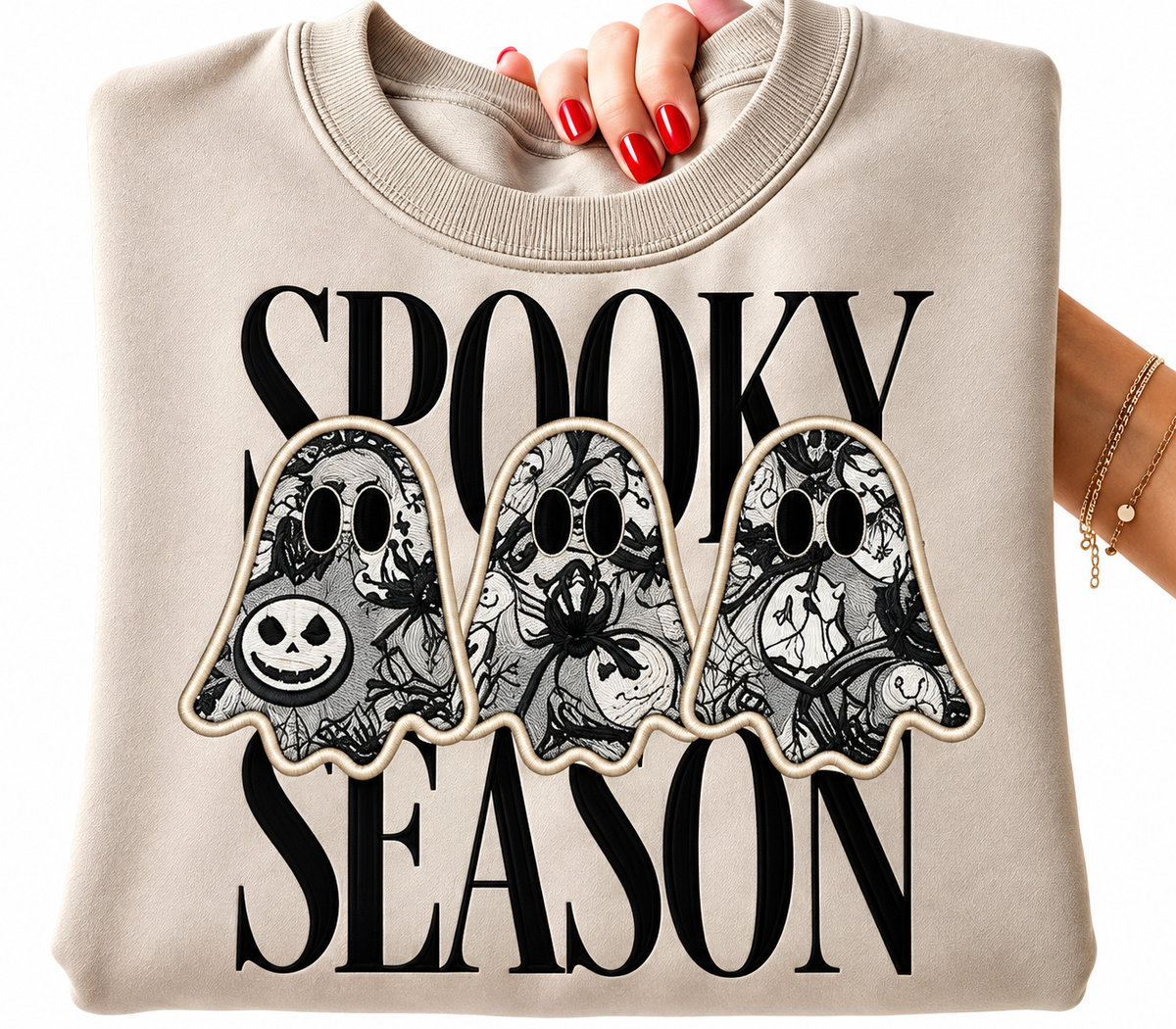 Spooky Season Ghost Appliqué Sweatshirt | Custom Fabric Halloween Crewneck