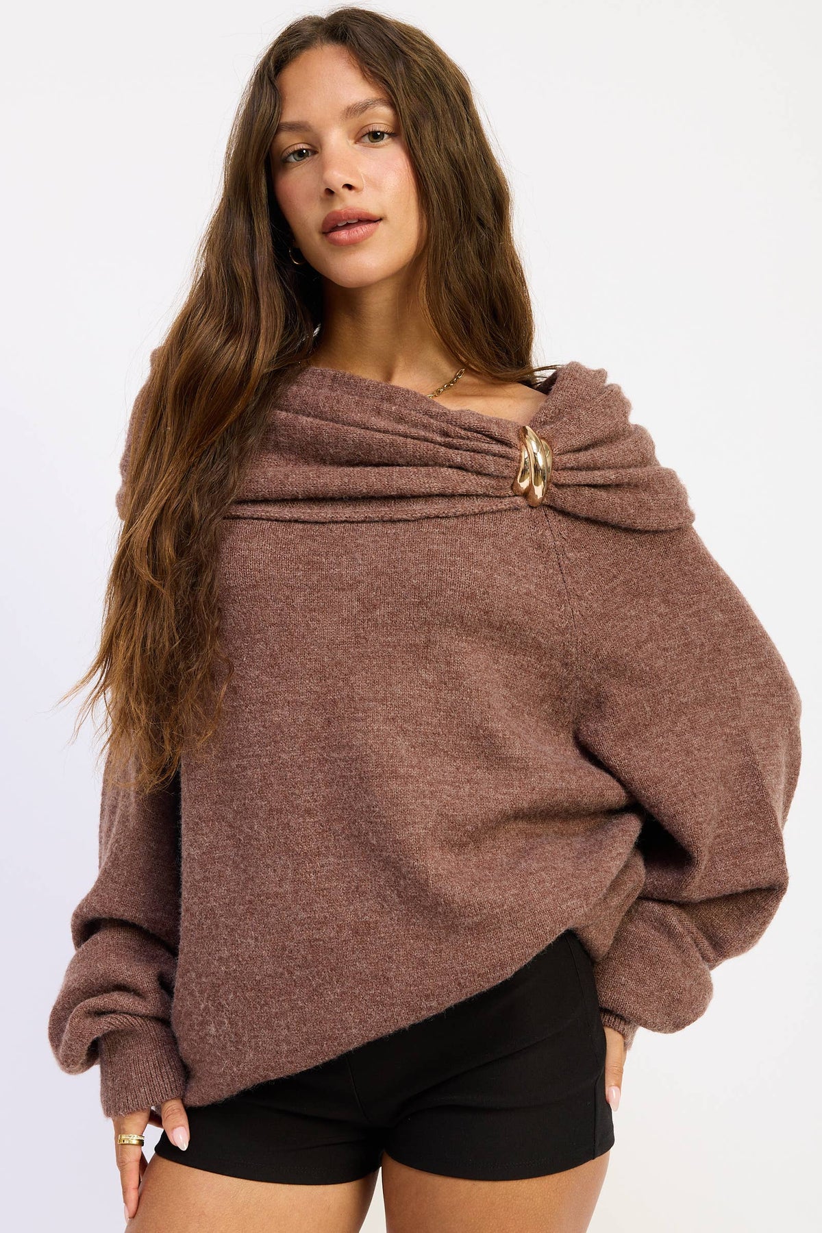 Off the Shoulder Bubble Sweater with Hardware Detail