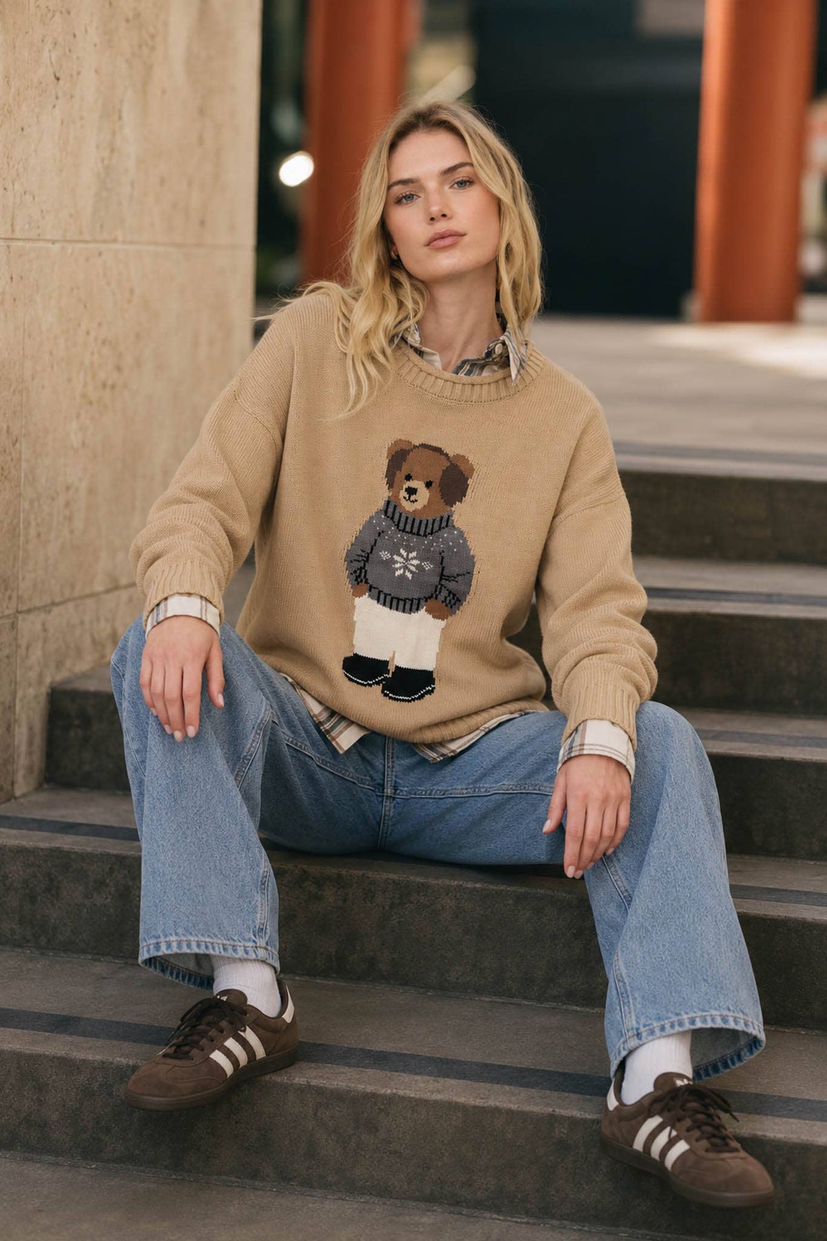 Teddy Bear Crew Neck Intarsia Knit Sweater