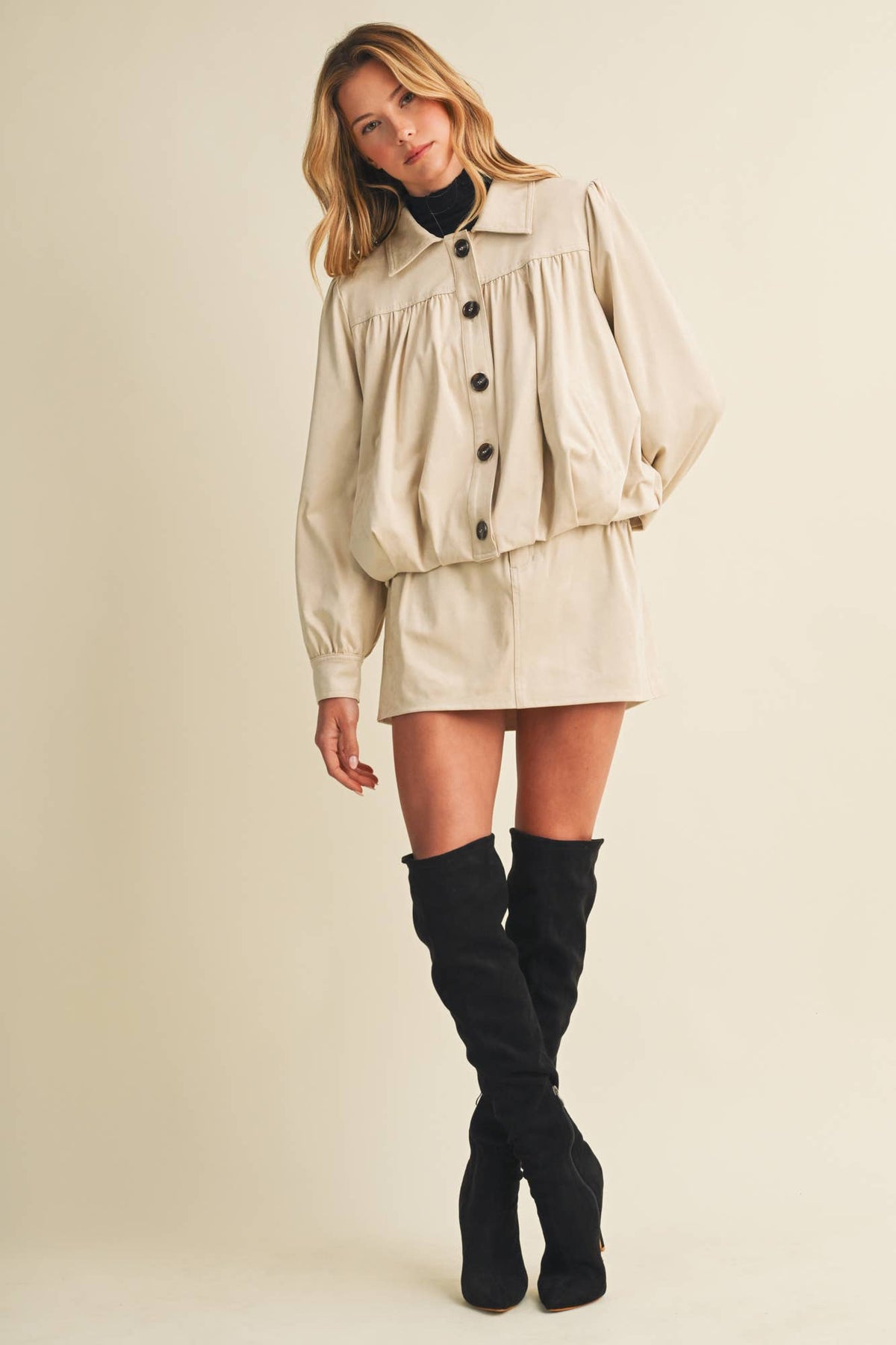 Faux Suede Gathered Yoke Blouson Jacket