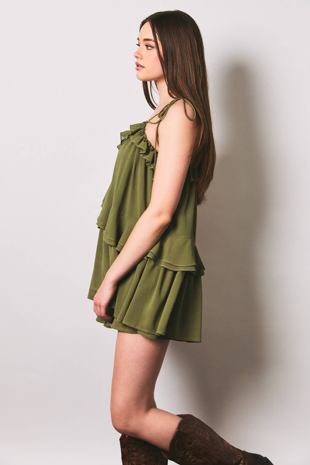 Ruffle Detail Shoulder Tie Flare Romper