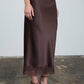 Satin Lace Hem Back Slit Pencil Midi Skirt