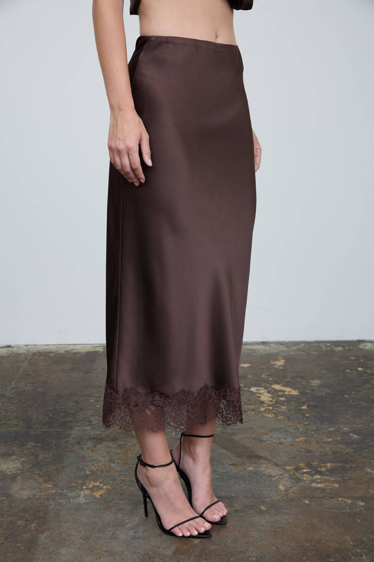 Satin Lace Hem Back Slit Pencil Midi Skirt