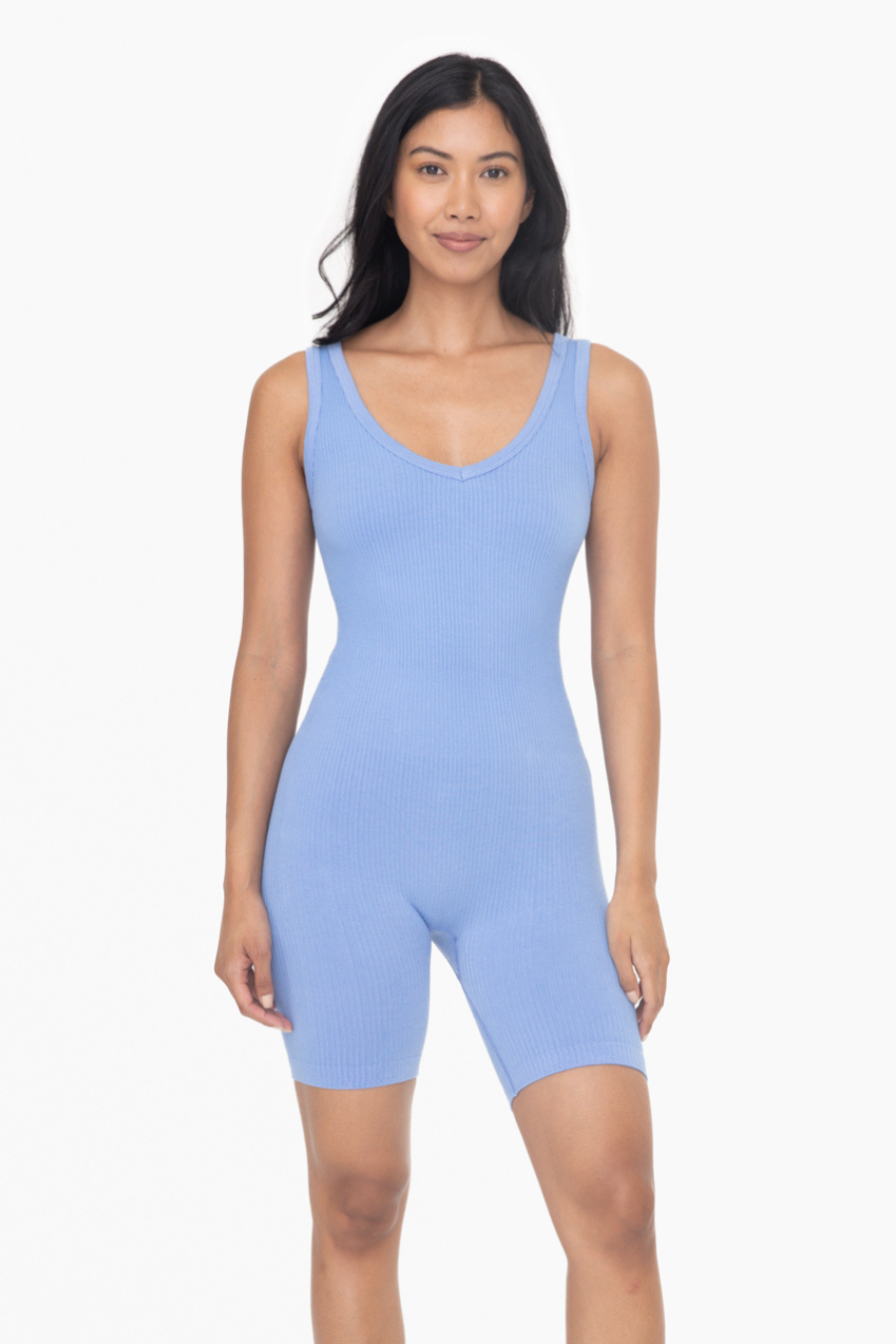 front view of the ribbed seamless shorts romper in the color fog. 