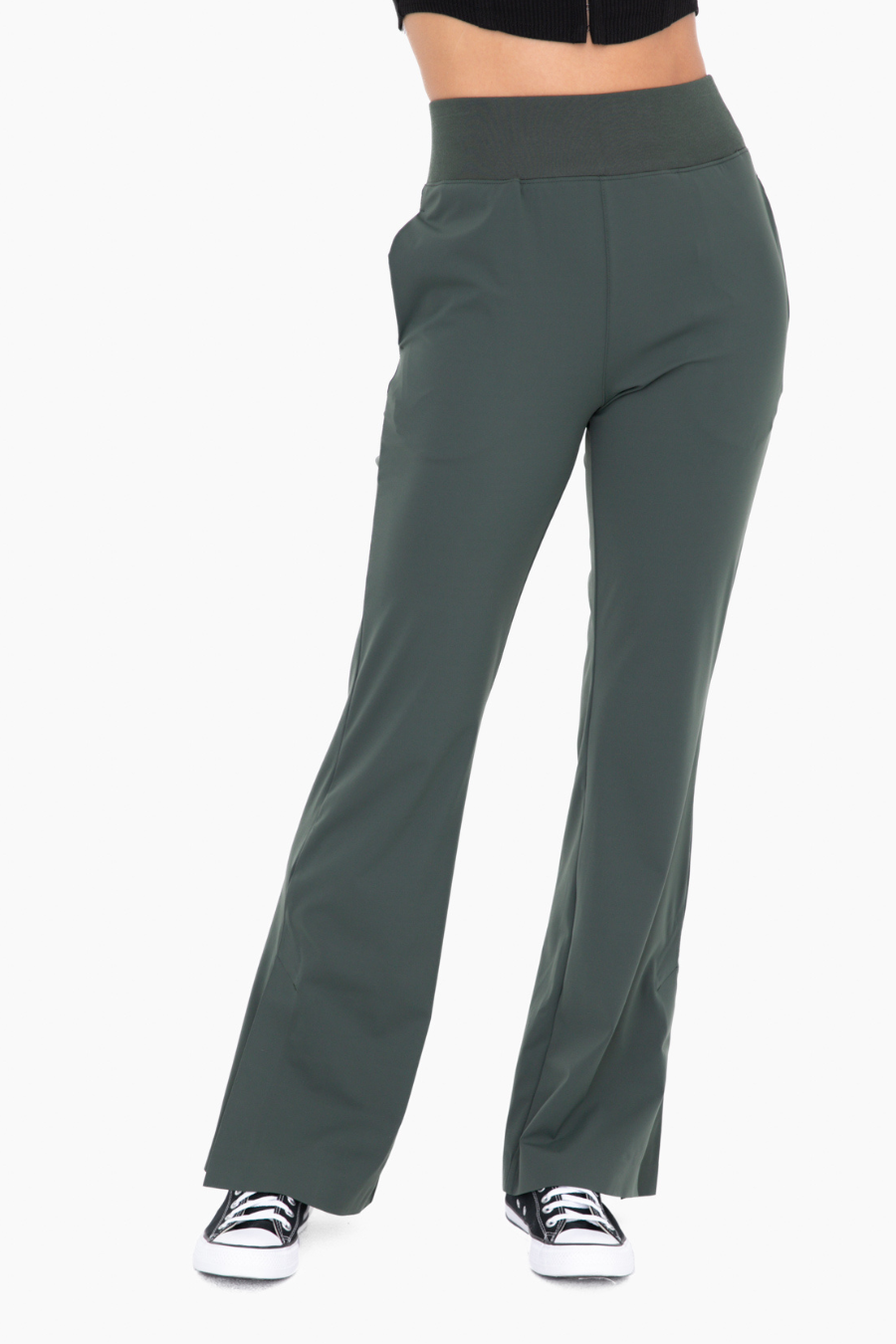 close up view of the graphene wide leg active pants in the color forest 