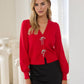 Ribbon Trim Puff Sleeve Knit Cardigan
