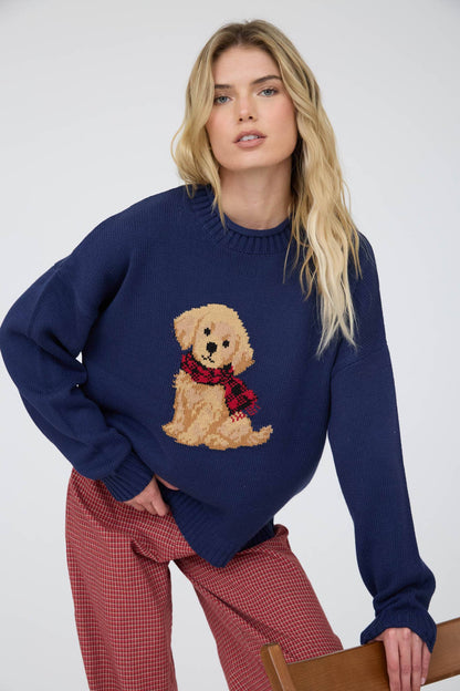 Intarisia Puppy Crew Neck Relaxed Sweater