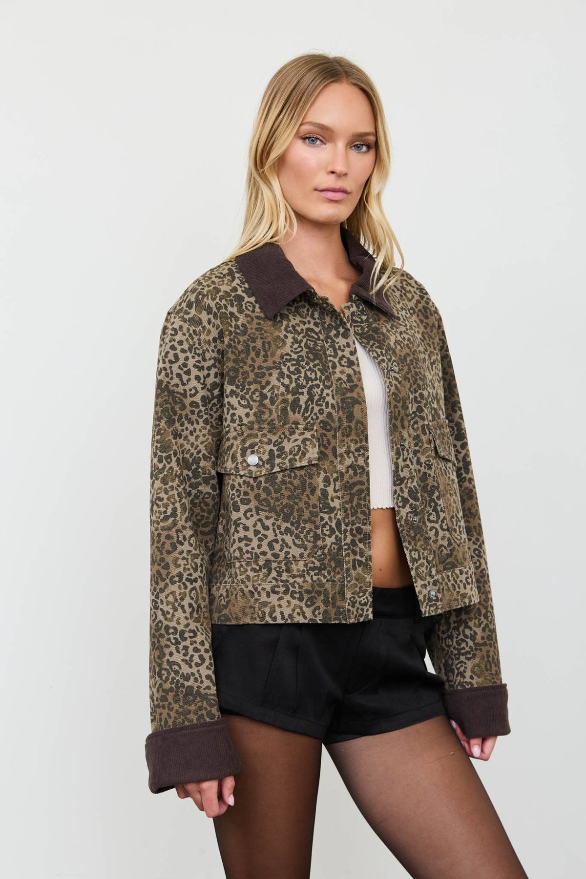 Washed Leopard Jacket with Corduroy Collar
