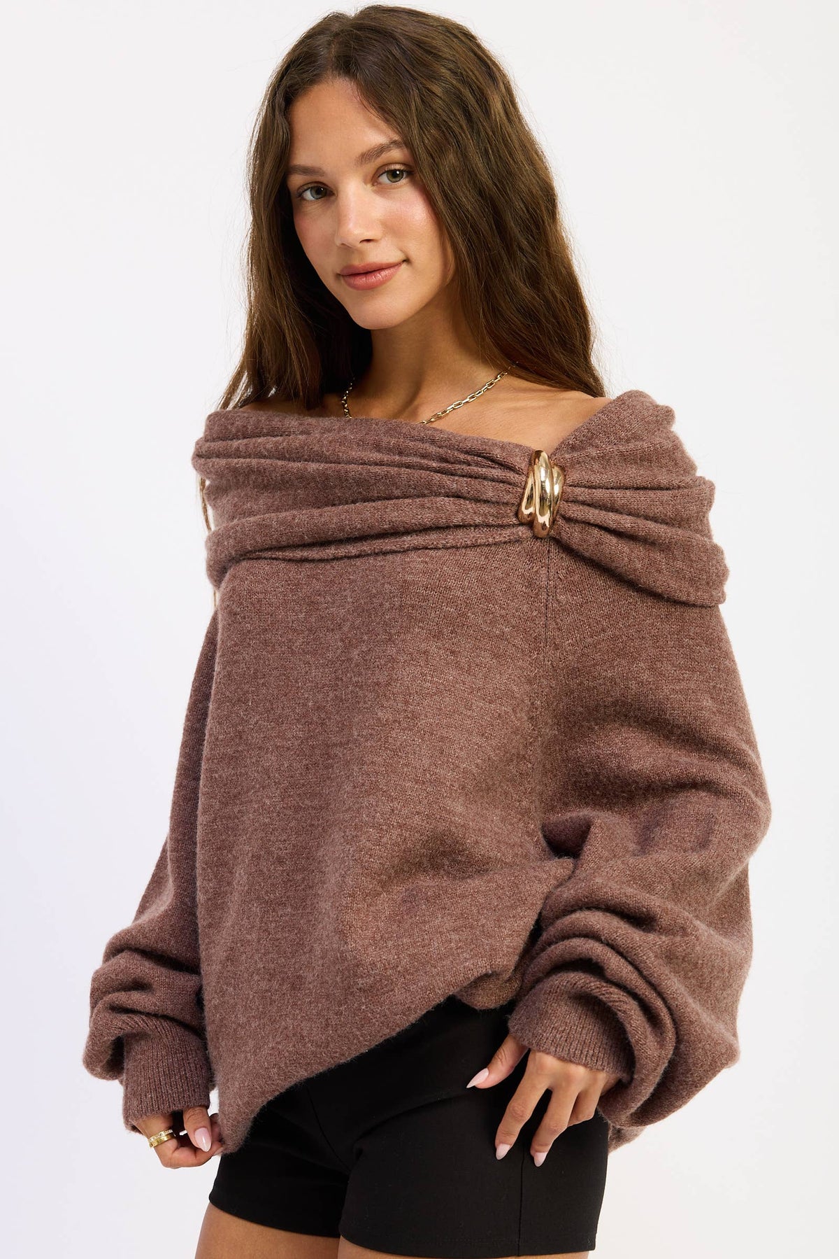 Off the Shoulder Bubble Sweater with Hardware Detail