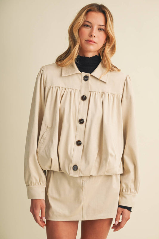 Faux Suede Gathered Yoke Blouson Jacket