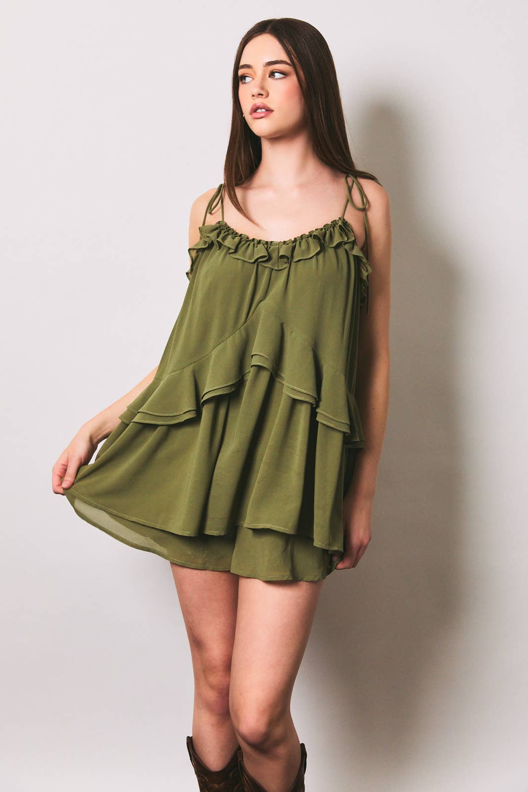 Ruffle Detail Shoulder Tie Flare Romper