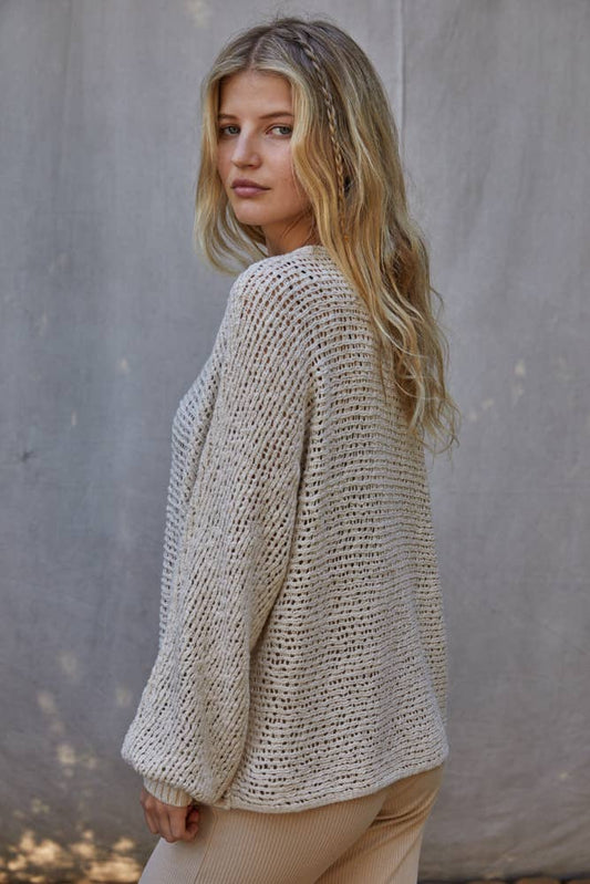 Sweater Knit Crochet Round Neck Long Sleeve Top
