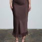 Satin Lace Hem Back Slit Pencil Midi Skirt