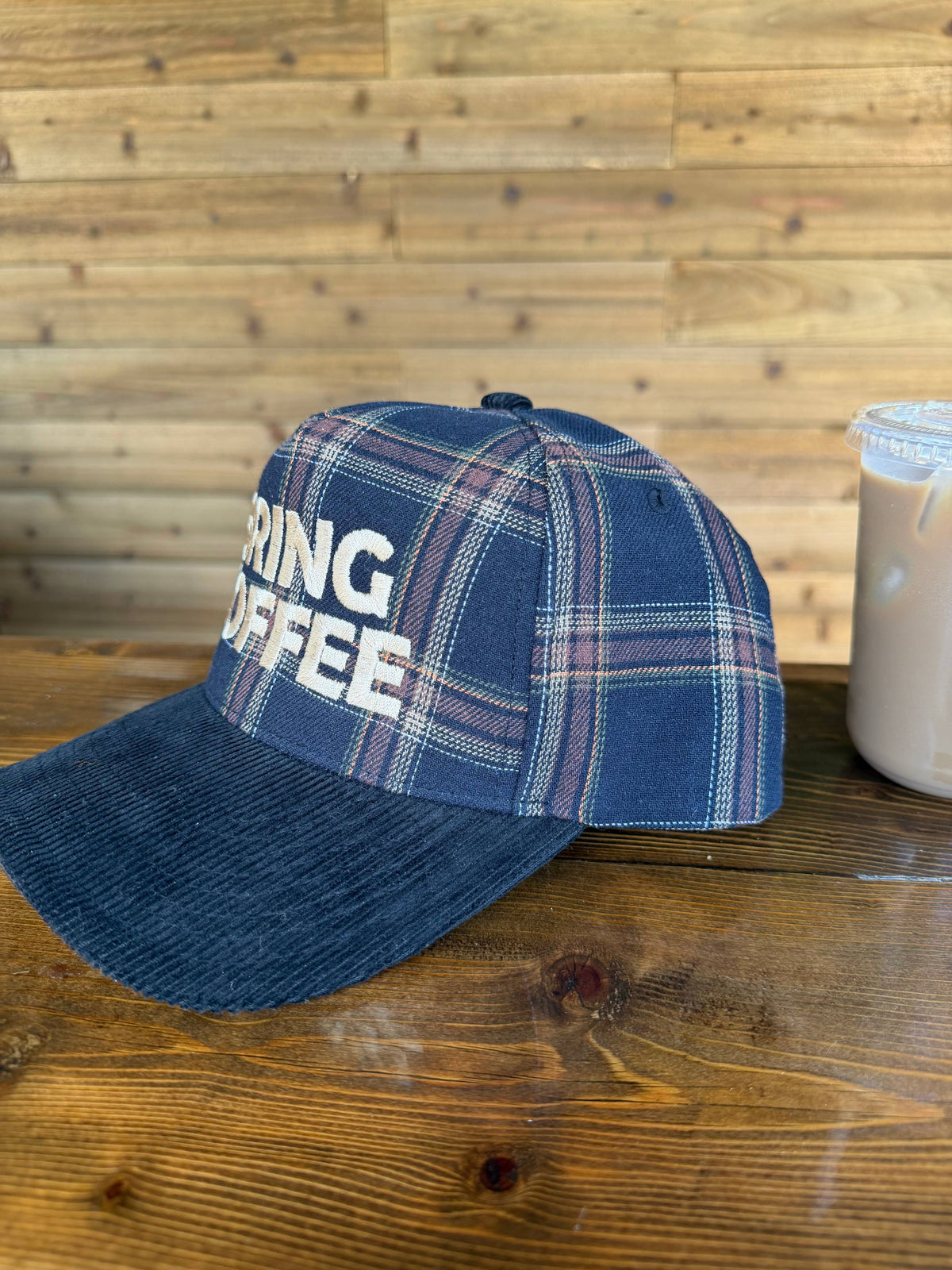 "Bring Coffee" Plaid Trucker Hat