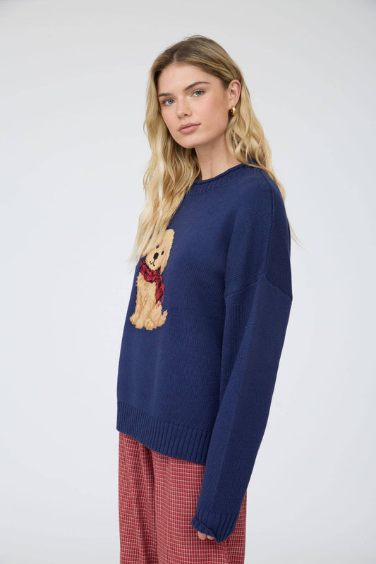 Intarisia Puppy Crew Neck Relaxed Sweater