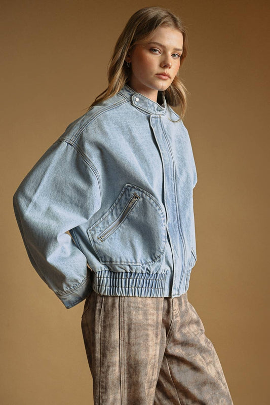 Washed Denim Bomber Style Jacket