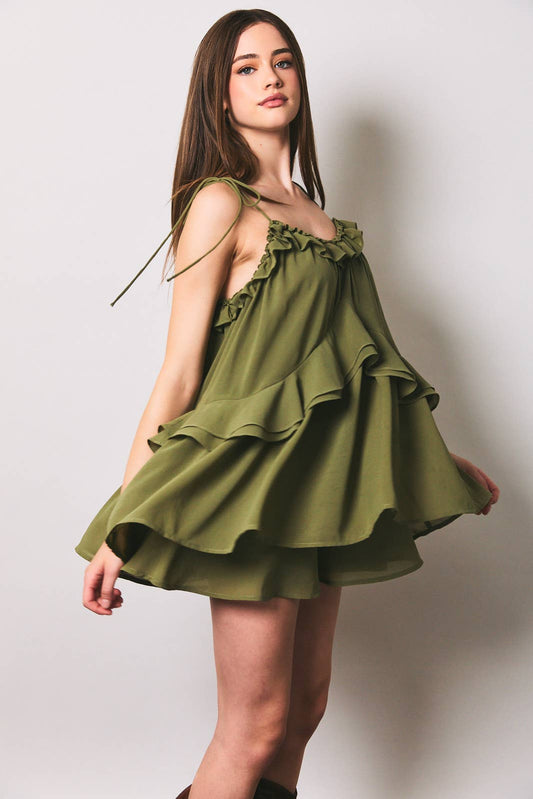 Ruffle Detail Shoulder Tie Flare Romper