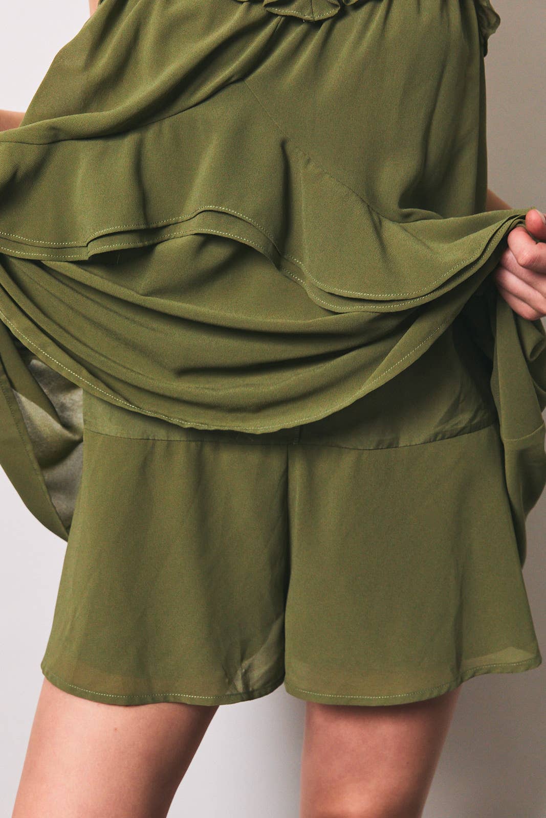 Ruffle Detail Shoulder Tie Flare Romper