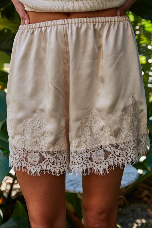 Woven Elastic Waist Shorts with Lace Detail