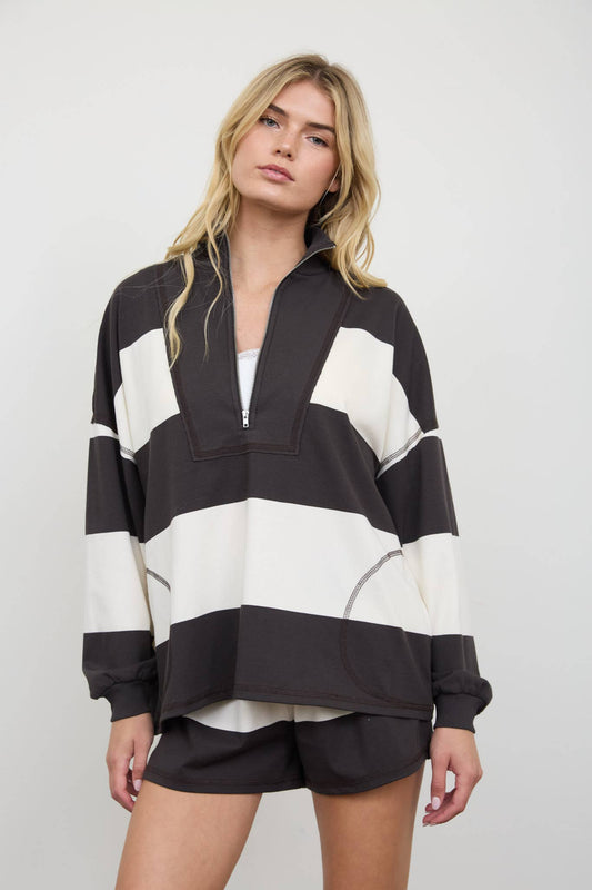 Wide Stripe Half Zip Long Sleeve Knit Top