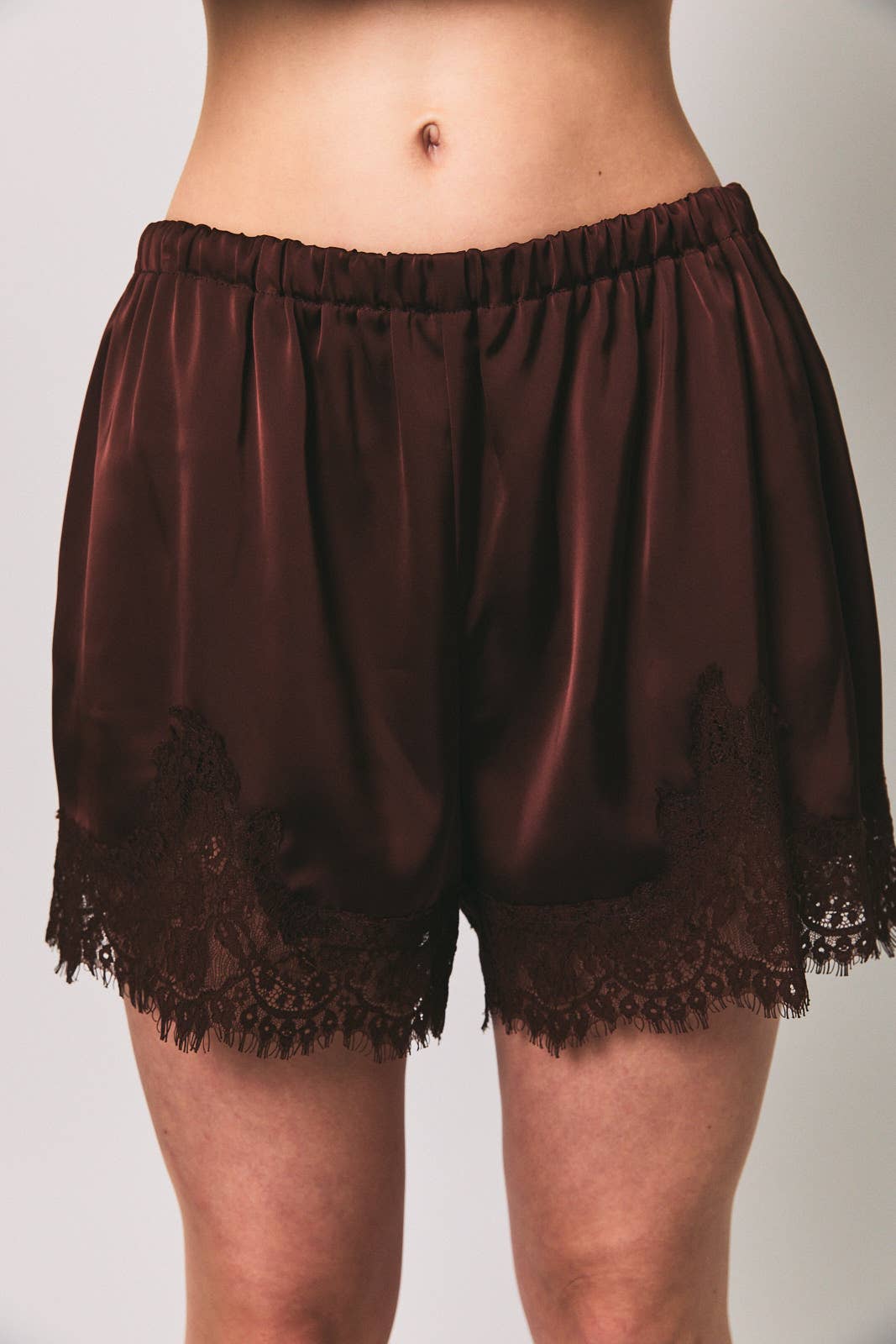 Mid Rise Satin Lace Trim Shorts