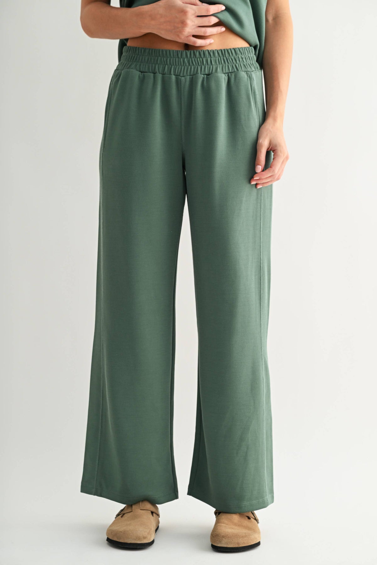 Luxe Sand Wash Rib Wide-Leg Pants