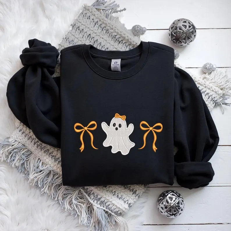 Girly Ghost & Bow Embroidered Sweatshirt | Halloween Crewneck