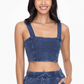 close up front view of the denim cropped bra top