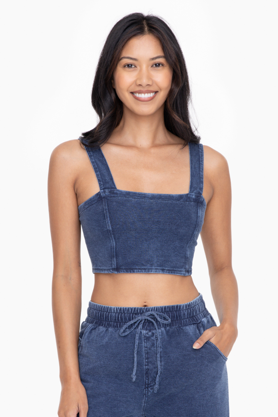 close up front view of the denim cropped bra top