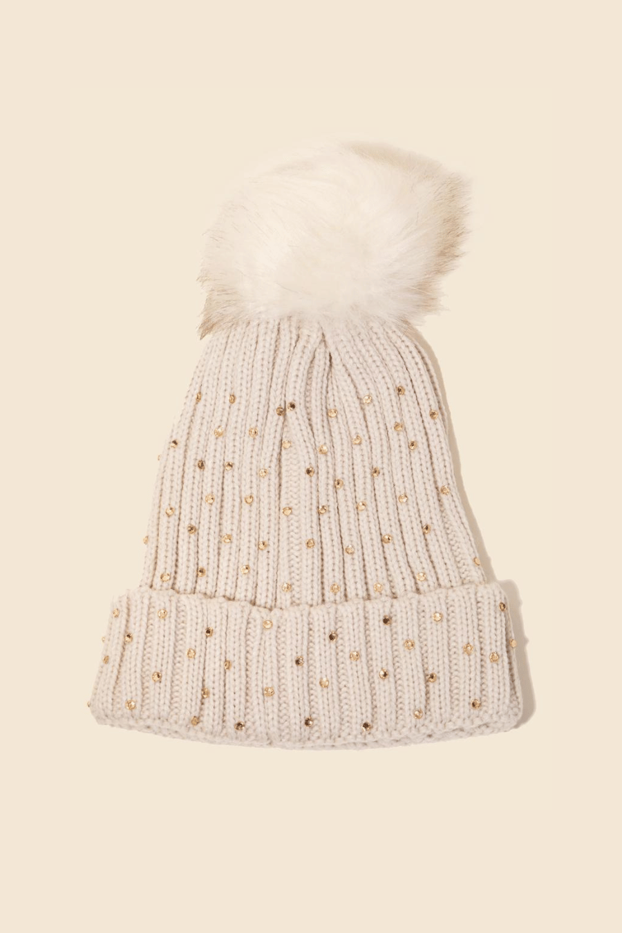 Crochet Knit Rhinestone Studded Pom Beanie