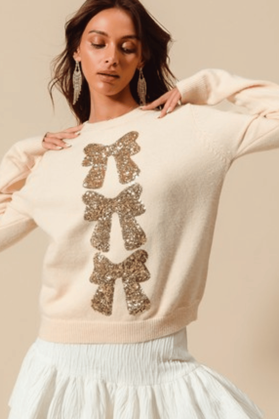 Sequin Bow Embellished Holiday Sweater