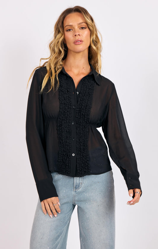 Sheer Ruffle Tuxedo Blouse