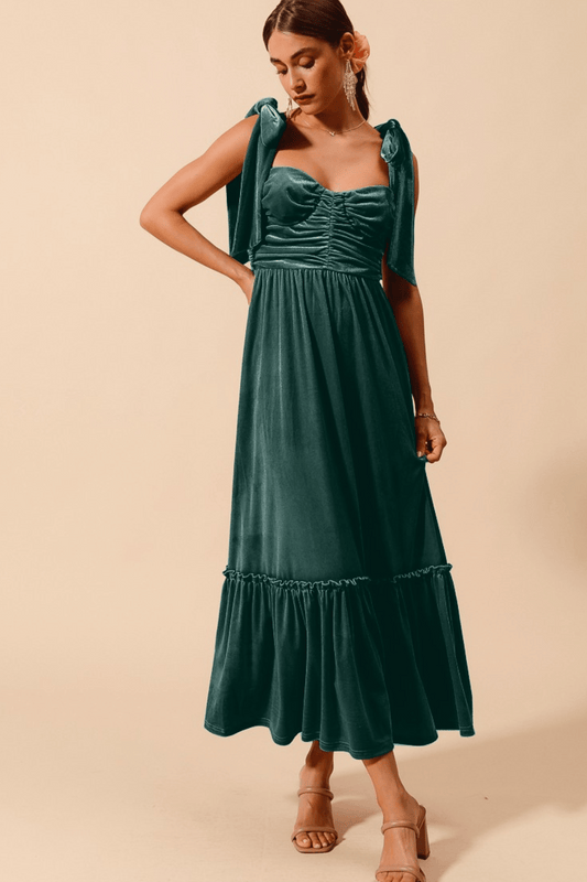 Velvet Midi Dress with Bow Detail Straps